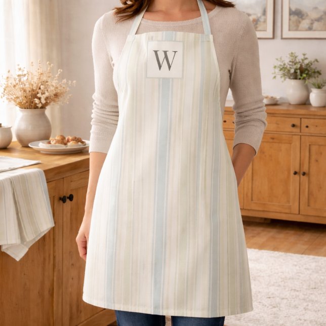 Delantal Initial Neutral Dusty Blue Stripe Rustic Farmhouse (Subido por el creador)