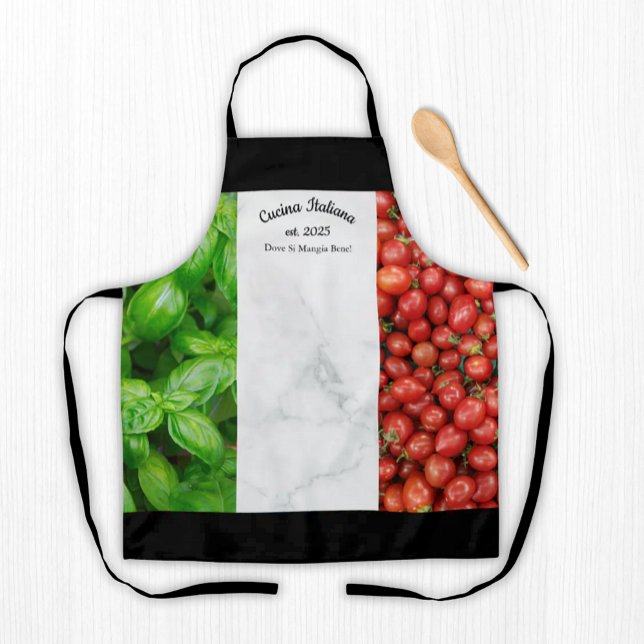 Delantal Italian Flag of Basil, Marble, and Tomatoes (Flag of Italy:  Basil, white marble, and tomatoes - Italian Kitchen Apron with Custom Wording)