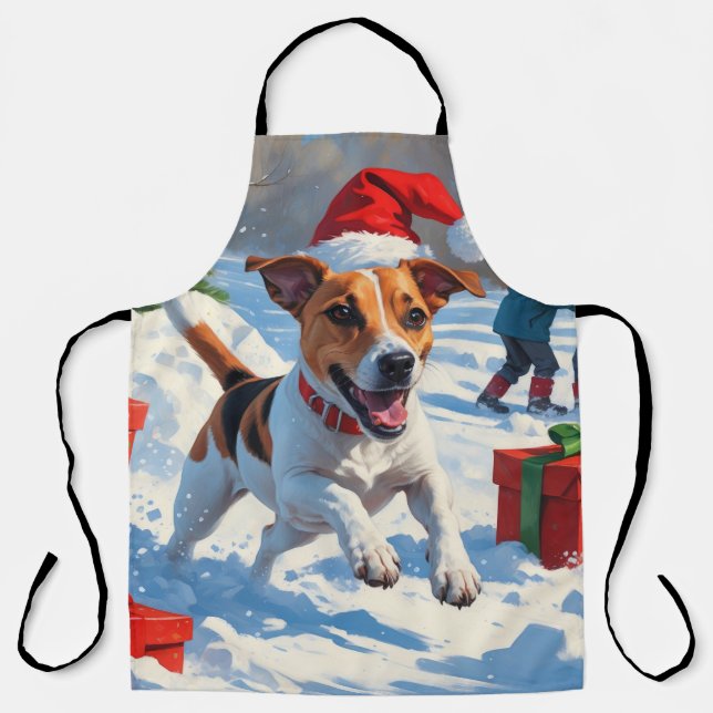 Delantal Jack Russell en Nieve con Gorra de Navidades (Anverso)