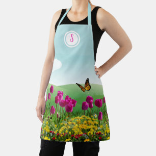 Delantal Jardín de flores de tulipán rosa con monograma