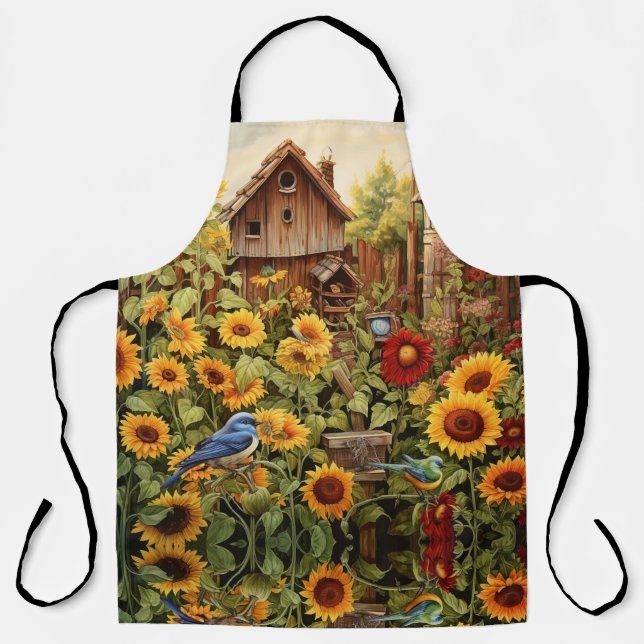 Delantal Jardín de girasoles con casas de aves (Anverso)