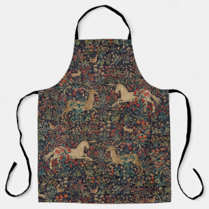 Delantal Jardín floral Medieval Unicornio Stag Deer Midnigh