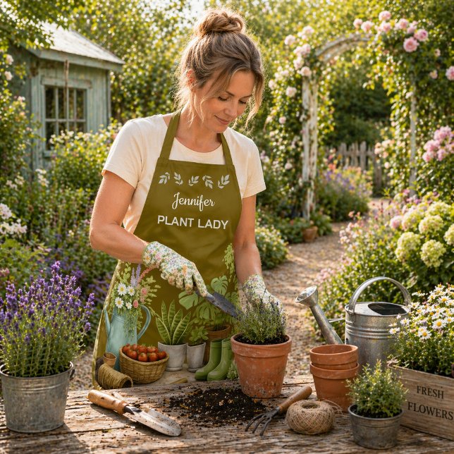 Delantal Jardín personalizado de la señora de las plantas l (Personalized cute Plant Lady garden Apron. Trendy apron for gardeners, garden and plant lovers.)