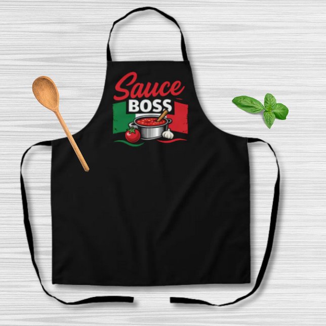 Delantal Jefe de Salsa - Divertido Negro Italiano (Sauce Boss Funny Italian Black Apron with Italian Flag and illustration of sauce pot, tomato garlic)