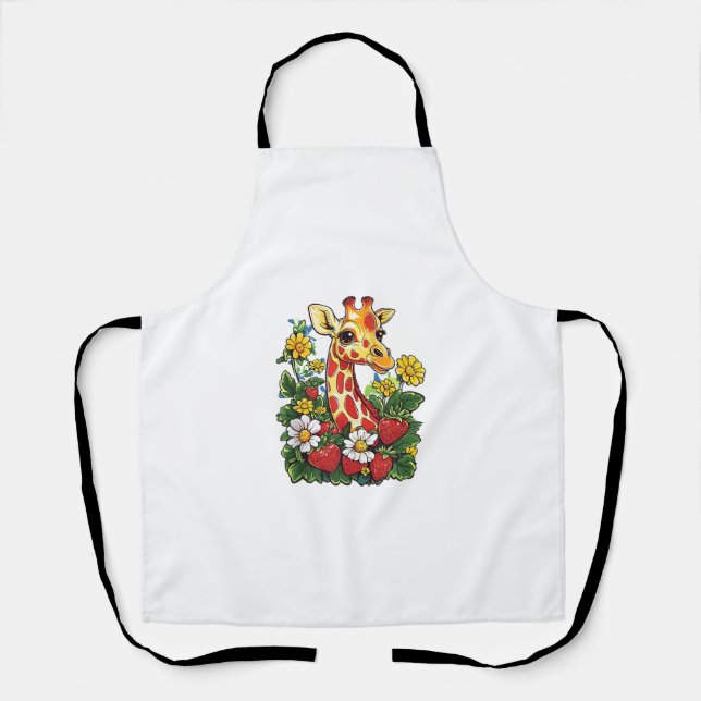 Delantal Jirafa Fresas y Flores Gráfico Jirafa Lindo (Anverso)