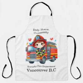 Delantal Joven bombero alegre en camión rojo