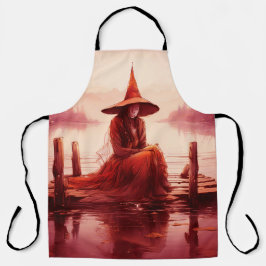 Delantal Joven bruja roja sentada en un muelle roto