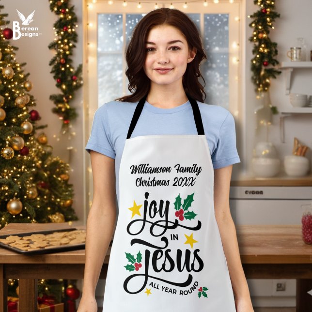 Delantal Joy in Jesus Christian Christmas Family Name  (White personalized JOY IN JESUS matching family apron with typography and customizable name)