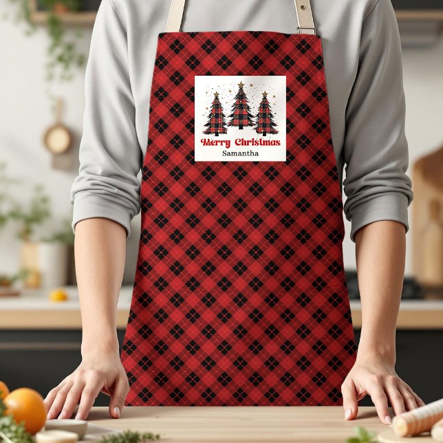 Delantal Joyful Buffalo Plaid Tree Custom Name Xmas Kitchen (Joyful Buffalo Plaid Tree Custom Name Xmas Kitchen Apron)