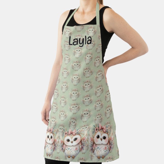 Delantal Kawaii Boho Owl Ilustracion Green (in situ)