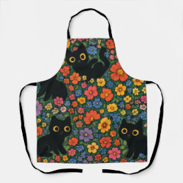 Delantal Kawaii Garden Art | Cute Black Cat Floral Pattern