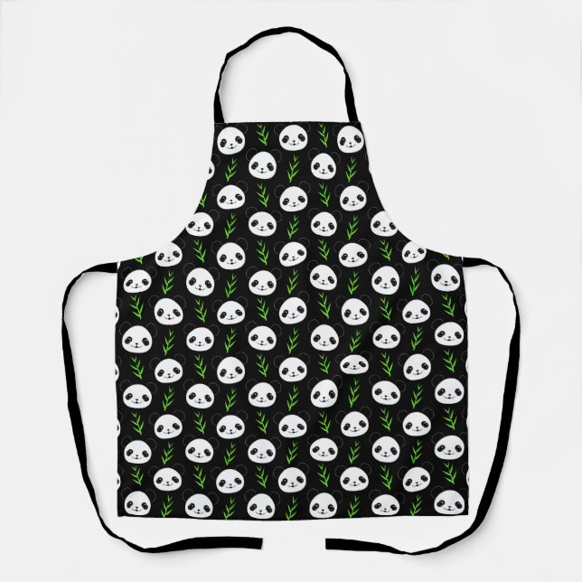 Delantal Kawaii Panda Pattern Bambú en verde blanco negro (Anverso)