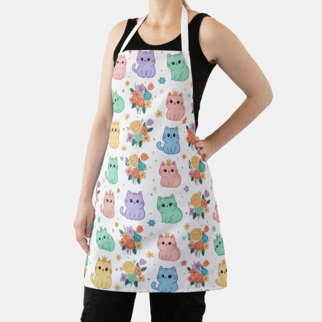 Delantal Kawaii Pastel Cats and Flowers Pattern Apron (in situ)