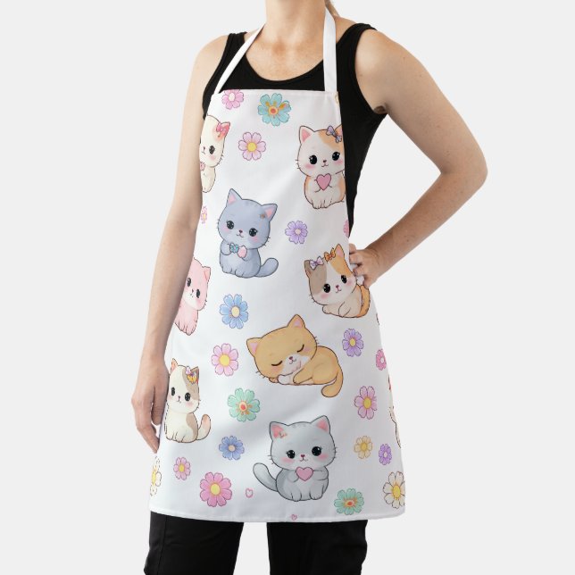 Delantal Kawaii Pastel Kitten and Floral Pattern Apron (in situ)