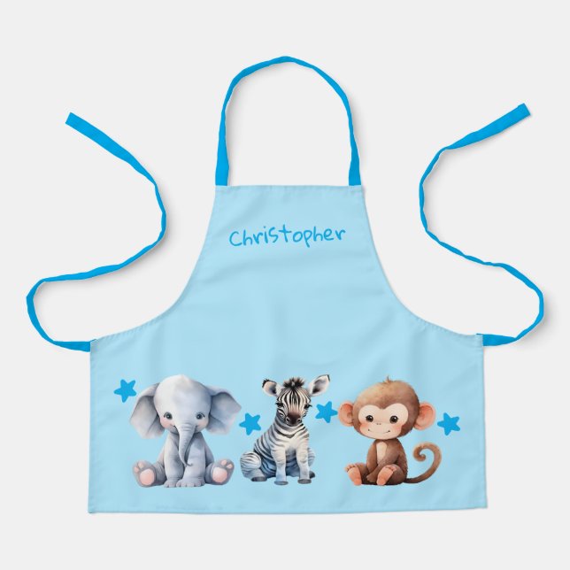 Delantal Kid's add name cute animals stars blue (Anverso)