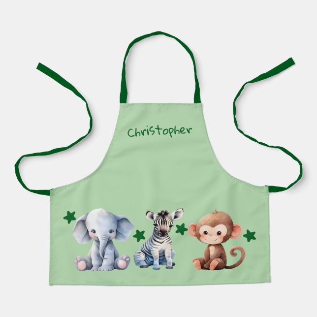 Delantal Kid's add name cute animals stars green (Anverso)