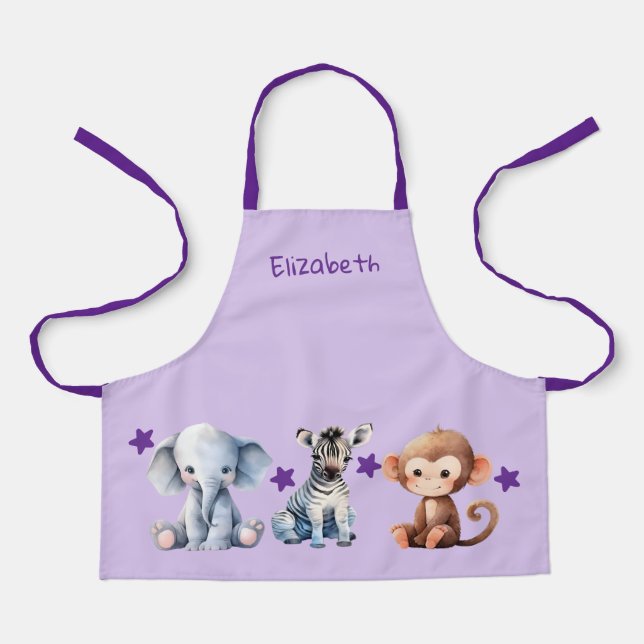 Delantal Kid's add name cute animals stars purple (Anverso)