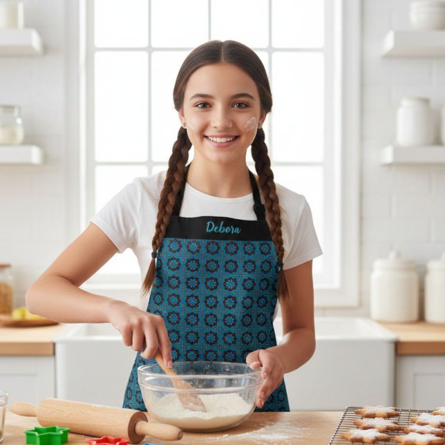 Delantal Kids' Blue Geometric Pattern Custom Name Apron (Subido por el creador)