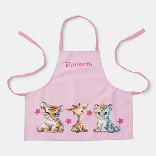 Delantal Kid's cute animals stars add name pink (Anverso)