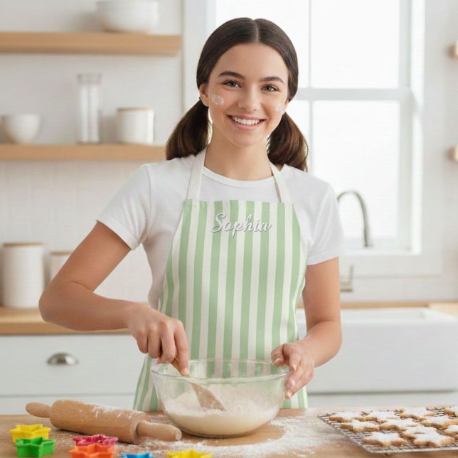 Delantal Kids' Sage Green Stripe Custom Name Apron (Subido por el creador)