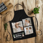 Delantal La cocina del abuelo y la foto del Collage siempre<br><div class="desc">Celebra las habilidades culinarias de tu abuelo con este delantal negro personalizado "Collage Photo & Grandpa Kitchen Is Always Open". Perfecto para el chef de la familia, esta plataforma incluye un collage de fotos de personalizable y el mensaje reconfortante "La cocina del abuelo siempre está abierta". Ya sea que esté...</div>