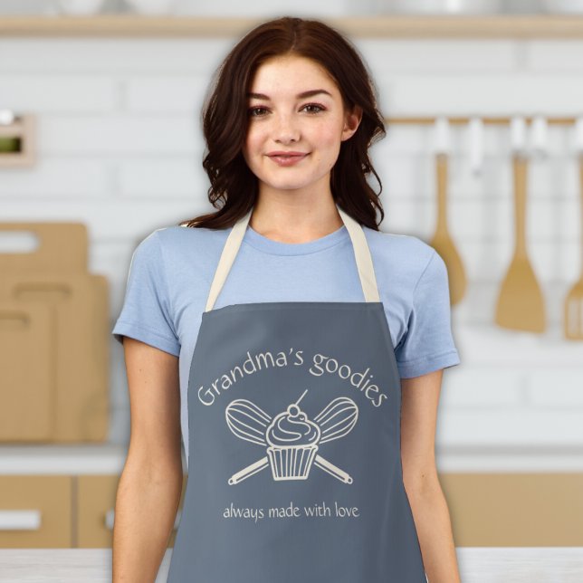 Delantal La horquilla de cocina de las mujeres de las abuel ("grandma's goodies" custom apron for grandma nana abuela granny cupcake and whisk blue & cream gift)
