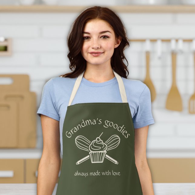 Delantal La horquilla de cocina de las mujeres de las abuel ("grandma's goodies" custom apron for grandma nana abuela granny cupcake and whisk green & cream gift)