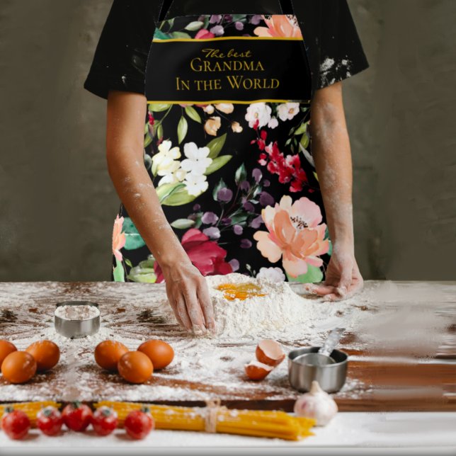 Delantal La mejor abuela del mundo | Floral negra elegante (Subido por el creador)