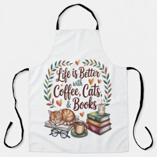 Delantal La vida es mejor con café gatos libros
