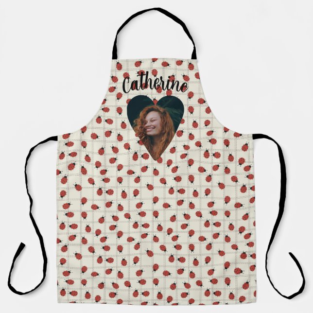 Delantal Ladybug Pattern Custom Photo & Name on Cream White (Anverso)