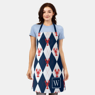 Delantal Langosta Preppy Argyle - Monograma Rojo y Azul Mar