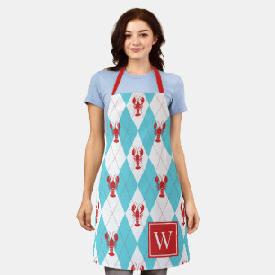 Delantal Langosta Preppy Argyle - Monograma Rojo y Turquesa