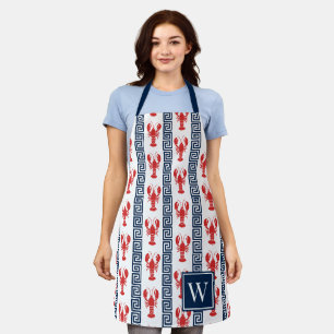 Delantal Langosta Preppy Griega - Monograma Rojo y Azul Mar
