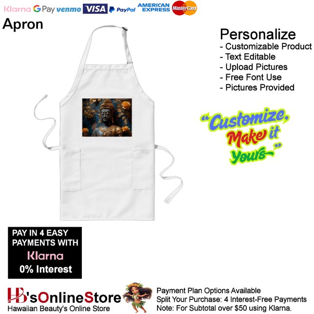 Delantal Largo Apron blanco largo de Buda con bolsillos (Buddha Calm Black Gold Floral Background Long Apron.)