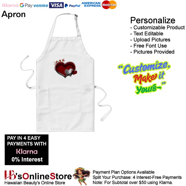 Delantal Largo Apron largo blanco de Heart Magic (Love Heart White Kitchen Cooking Mess Free Long Apron.)