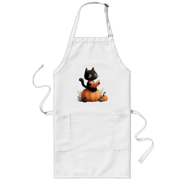 Delantal Largo Diseño de calabaza para gato negro de Halloween (Frente)
