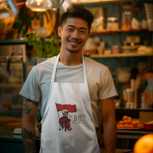Delantal Largo Esqueleto de la Bandera Roja Caminando | Edgy Humo (Walking red flag tattoo-inspired skull design apron)