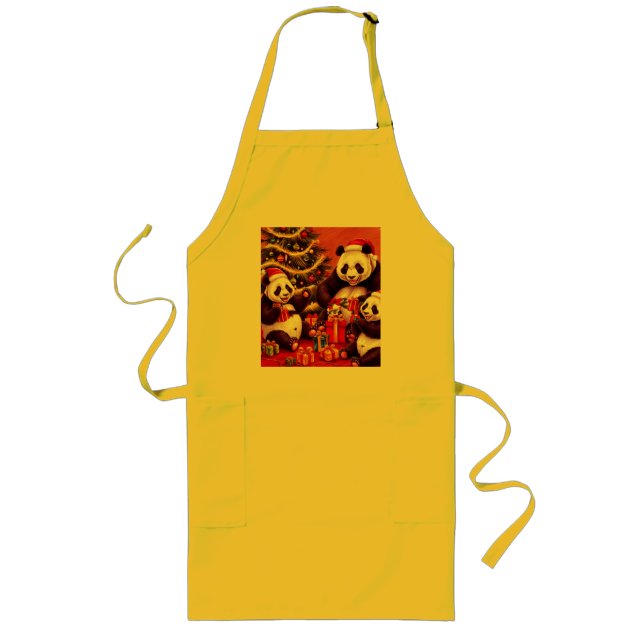 Delantal Largo Familia De Pandas Abriendo Regalos De Navidad (Frente)