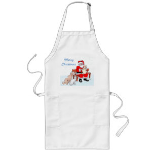 Delantal Largo Feliz Navidad - Papá Noel con gato y perro
