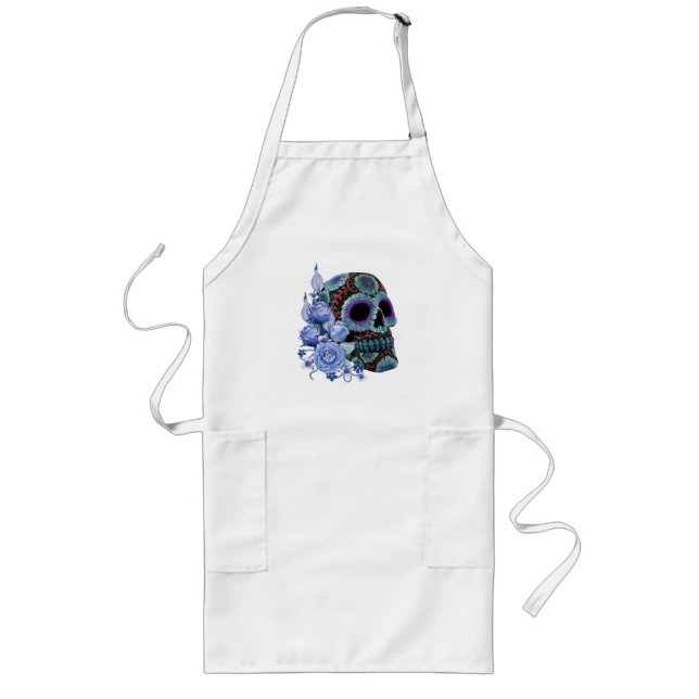 Delantal Largo Floral Azul Floral Black Sugar Skull Day Of The De (Frente)