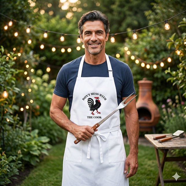 Delantal Largo Funny Chef Cook Rooster Personalizado Apron (Portuguese rooster cartoon apron with a funny Don't mess with the cook text or custom text)
