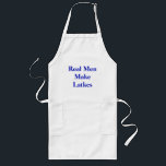 Delantal Largo Hombres Reales Hacen Latas<br><div class="desc">¡Muéstrales que tienes lo que hace falta! El delantal blanco tiene la frase "hombres de verdad hacen latkes" en letras azules en negrita. Vea toda la colección Hanukkah Apron en la categoría HOME en la sección HOLIDAYS.</div>