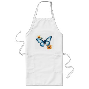 Delantal Largo Mariposa azul con acuarela floral vintage
