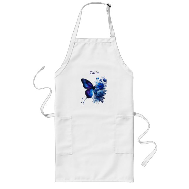 Delantal Largo Mariposa floral azul personalizada (Frente)