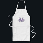 Delantal Largo Monograma de nombre personalizado | Púrpura de lav<br><div class="desc">Monograma de nombre personalizado | Morado de lavanda. Elegante delantal monogramado de barbacoa / plataforma de cocina para hombres, mujeres y niños. Letra inicial de tipografía de escritura elegante. Barbacoa / parrilladas en beige caqui / estandarte blanco y amarillo. Versión larga y corta. Haz uno para mamá, madre, esposa, tía,...</div>