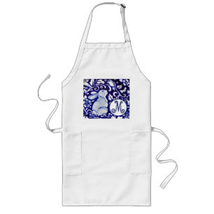 Delantal Largo Monograma floral azul de pájaro de conejo blanco