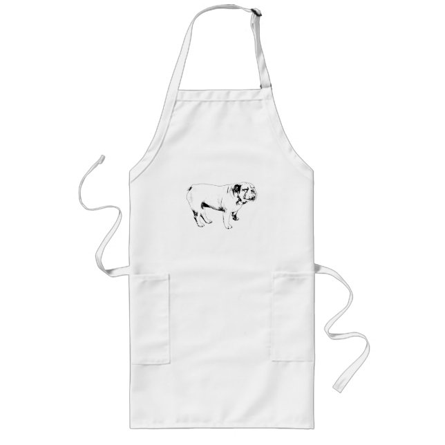 Delantal Largo perro de raza bulldog cocinero tranquilo delineado (Frente)