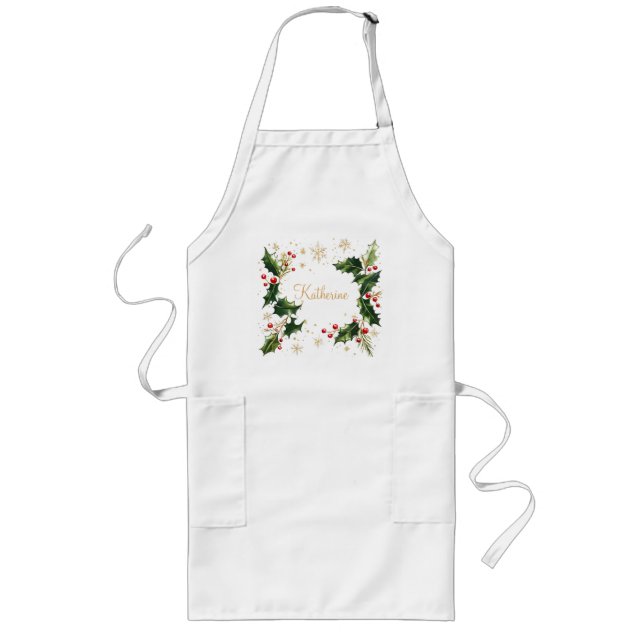 Delantal Largo Pretty Personalized Holly & Snowflakes Xmas Apron (Frente)