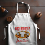 Delantal Largo Retro BBQ Tools Naranja Gorra del chef Rojo<br><div class="desc">Un delantal de estilo retro para el tipo que conoce su camino alrededor de una parrilla de barbacoa. El diseño incluye un ilustracion de herramientas de barbacoa de malla roja y un gorra del chef con antecedentes naranjas. La palabra "Grillmaster" aparece arriba en un tipo de letra retro rojo decorativo....</div>