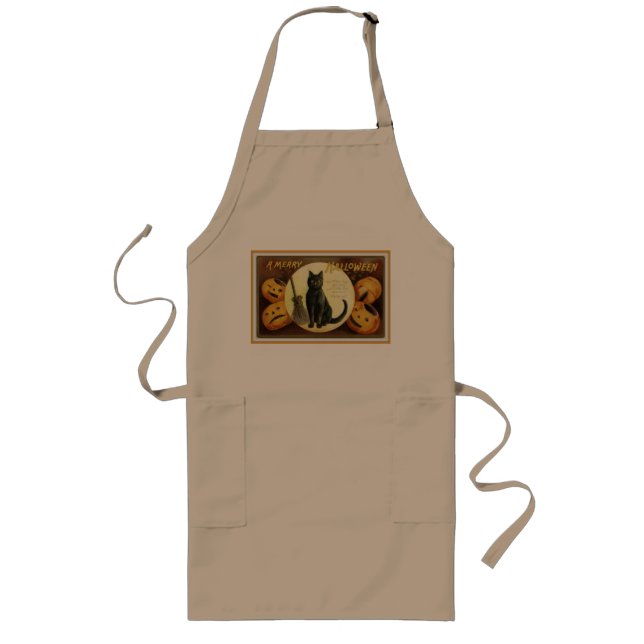 Delantal Largo Un viejo gato negro y calabazas de Halloween (Frente)